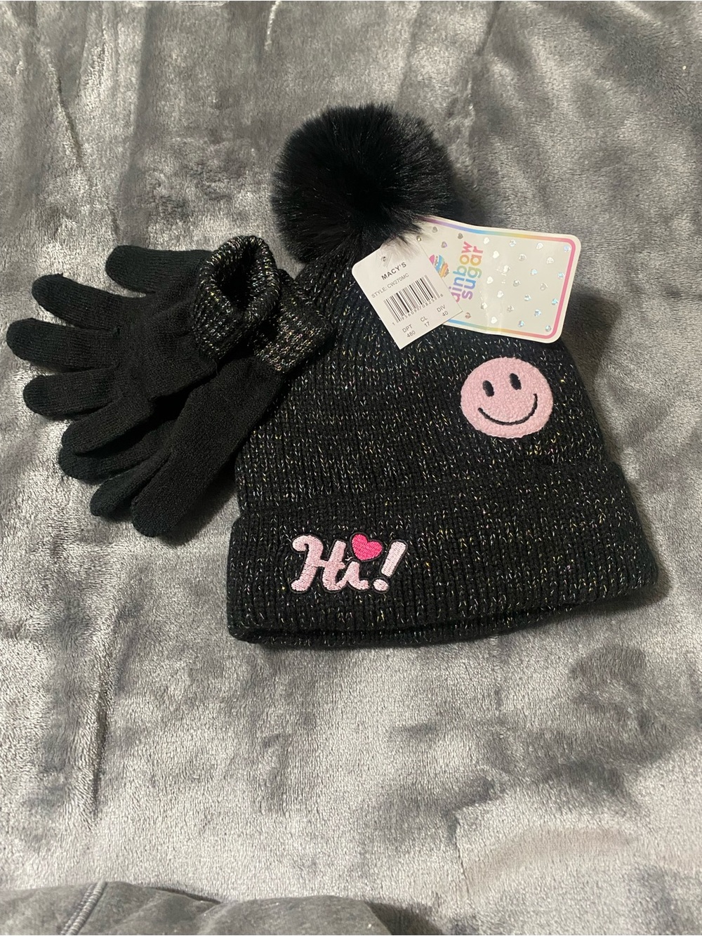 Kids Black Pom Pom Beanie & Gloves Set with Pink Smiley - Hi!